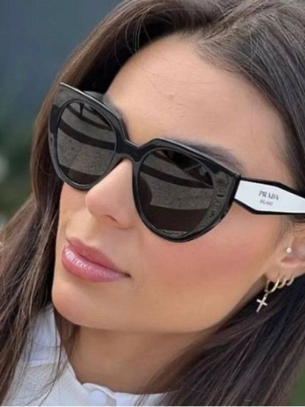 Prada Black Frame White Temple Round Cat-Eye Sunglasses